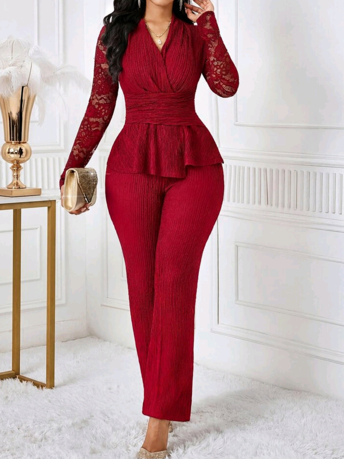 4976 Contrast Lace Long Sleeve Top And Flared Pants