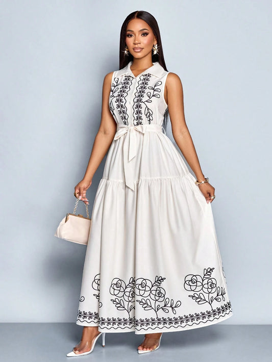 #0106 Sleeveless Collar Belted Dress With Floral Pattern