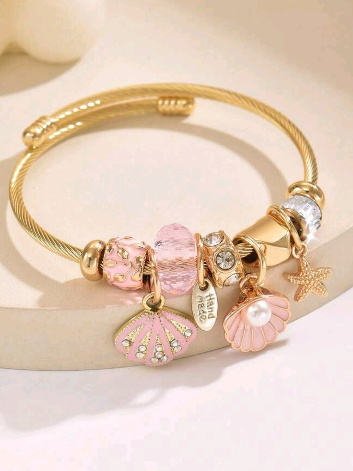 0552 Stainless Steel Ocean Style Shell & Starfish Pendant Adjustable Bracelet