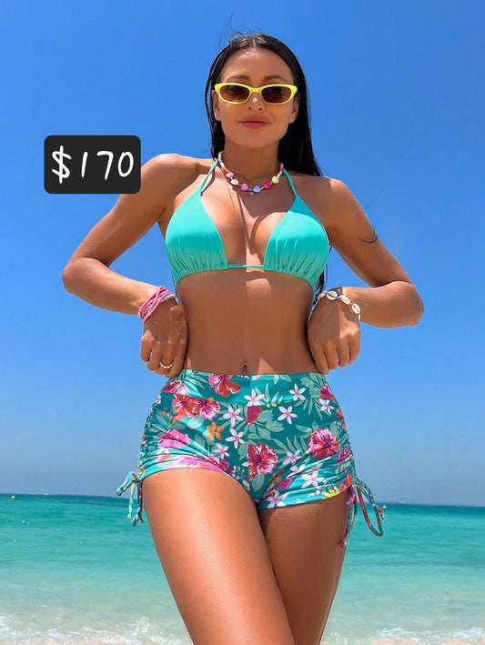 #2760 Floral Print Halter Triangle Shorts Bikini Set