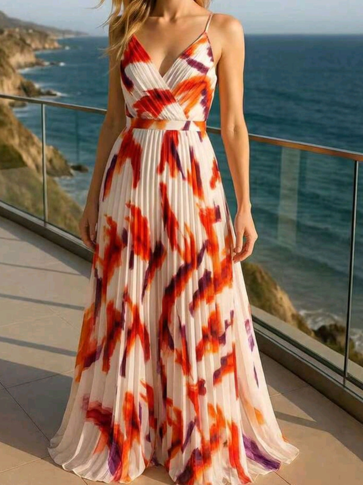 2744 V-Neck Pleated Dress