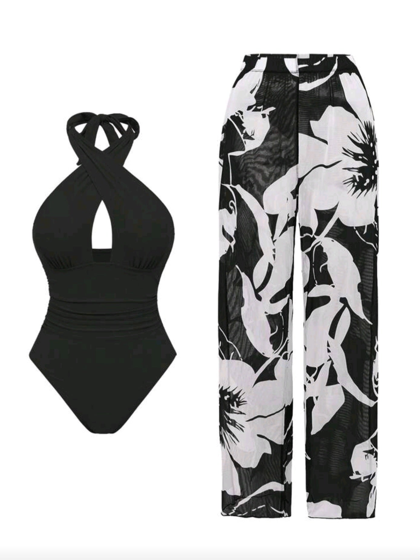 8821 Hollow Cross Halter One-Piece Swimsuit With Printed Cover-Up Skirt