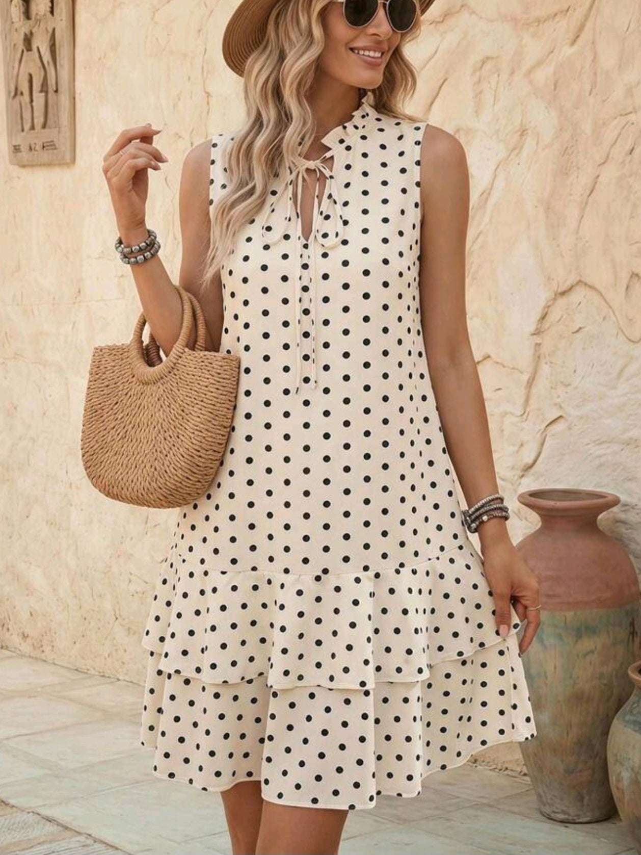 8281 Polka Dot Tie Neck Ruffle Hem Dress