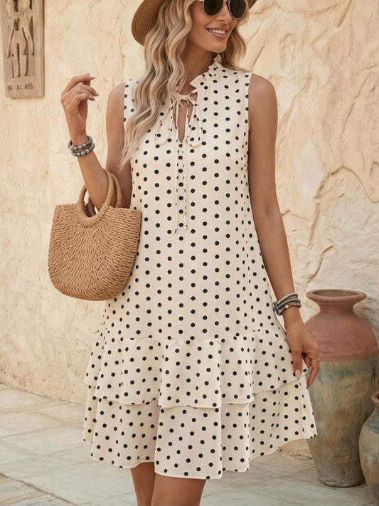 8281 Polka Dot Tie Neck Ruffle Hem Dress