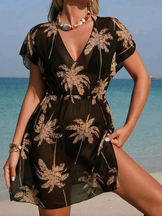 3973  V-Neck Short Sleeve Cinched Waist Sheer Loose Coverup