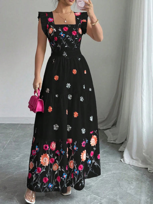 0499 Cinched Waist Square Neck Cap Sleeve Dress