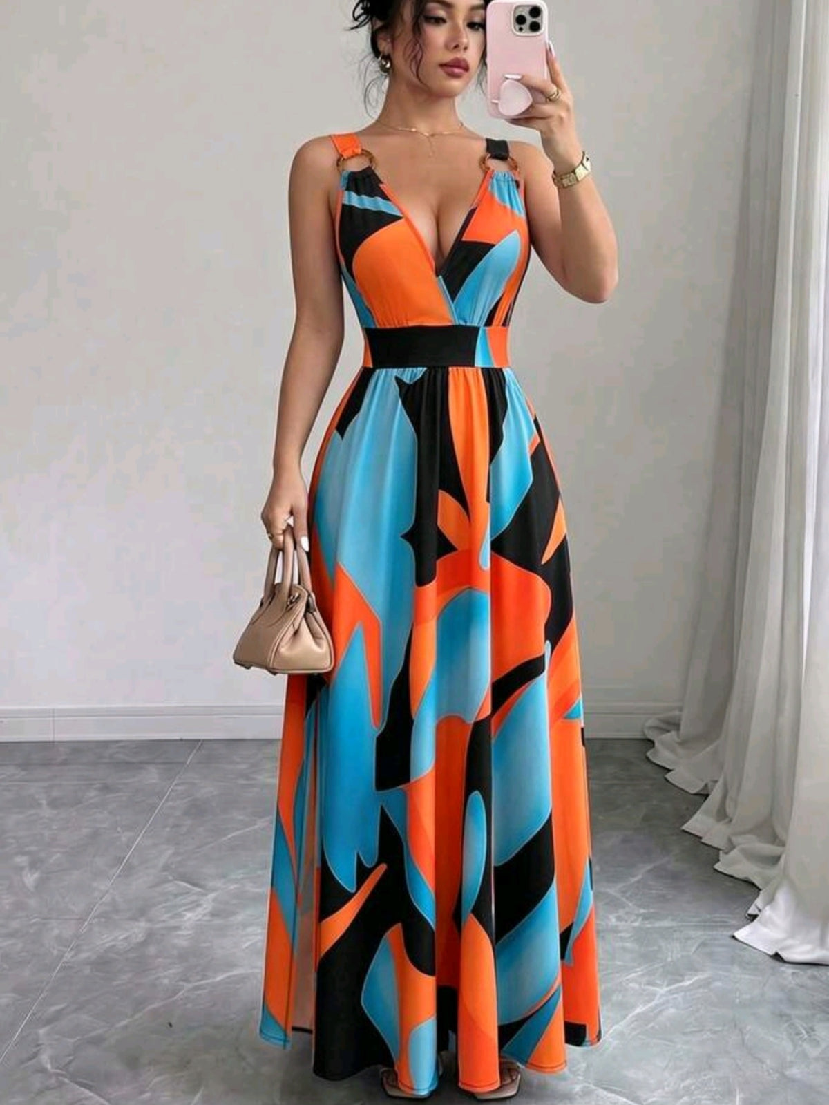 7700 Wooden Ring Decor Cross Deep V-Neck Dress