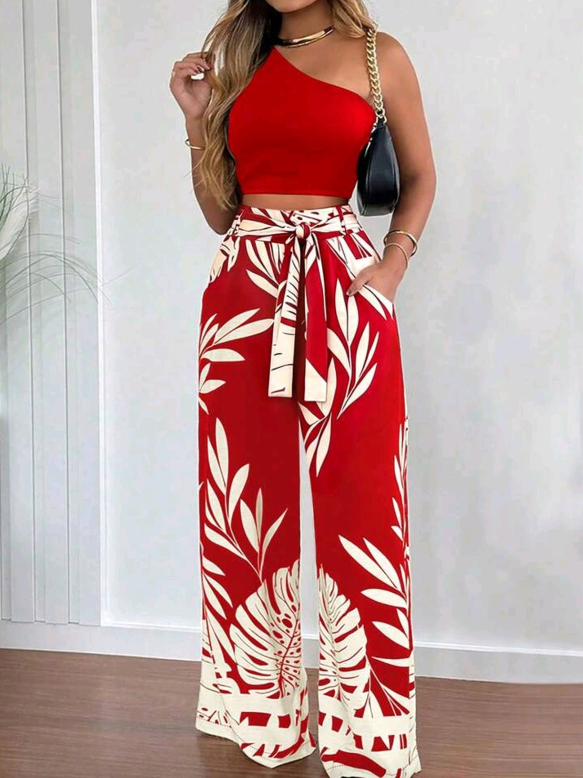 5454 2pcs Fitted Tie-Belt Printed One-Shoulder Top And Straight-Leg Pants Set