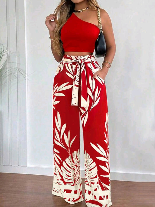5454 2pcs Fitted Tie-Belt Printed One-Shoulder Top And Straight-Leg Pants Set
