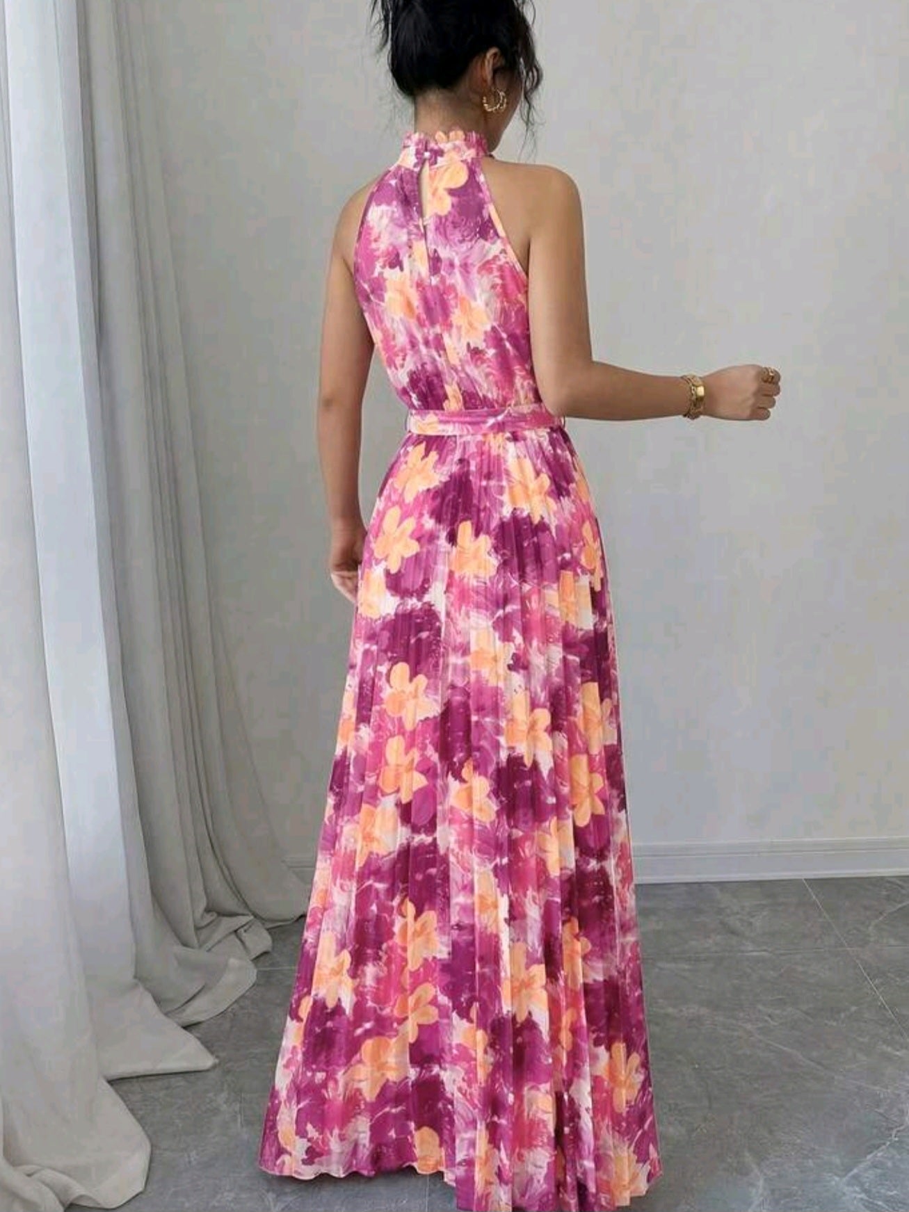 8223 Floral Print Ruffle Collar Pleated Waist A-Line Dress