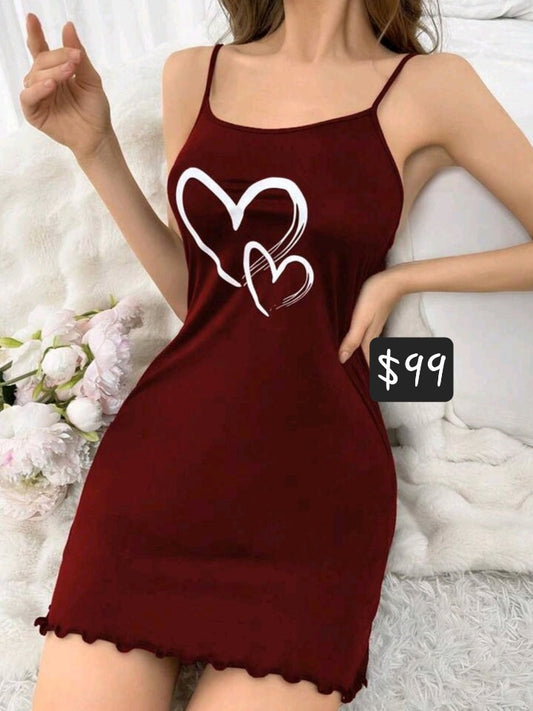 #7834 Heart Print Camisole Sleep Dress
