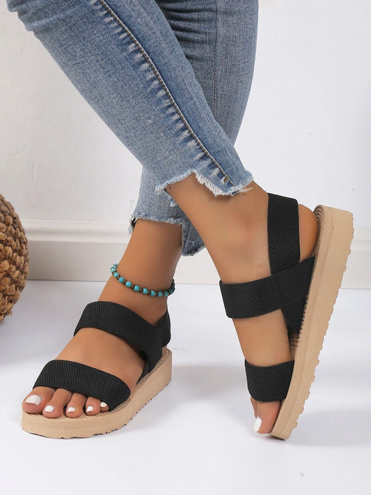7625 Black Linen-Like Sandals For Women
