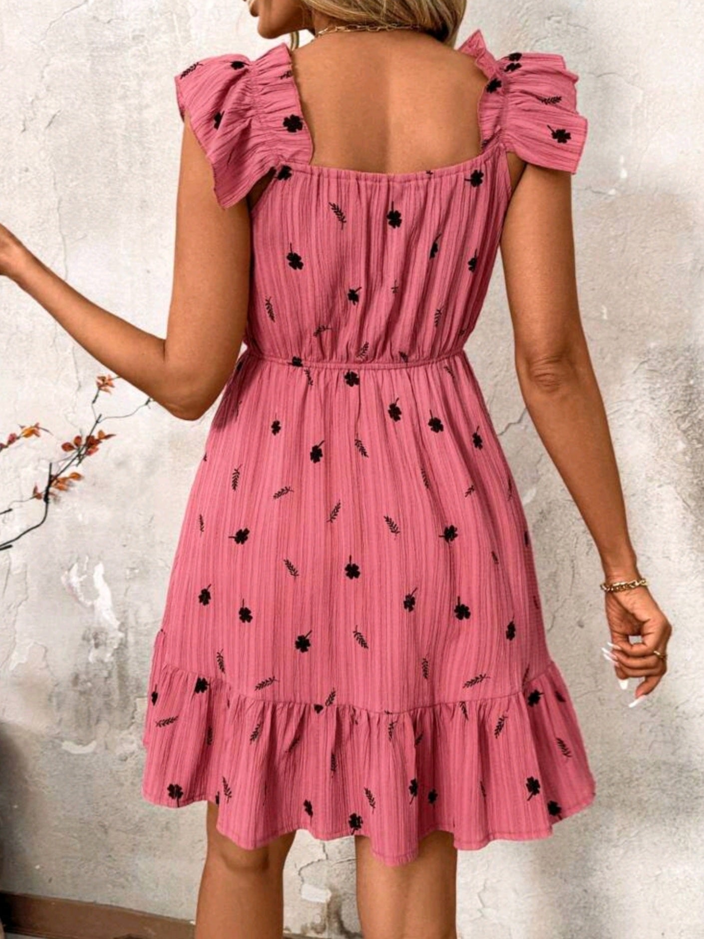 0544 Pink Square Neck Ruffle Sleeve Waist A-Line Short Dress