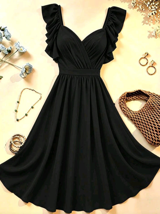 7263 V-Neck Ruffle Solid Color Short Dress