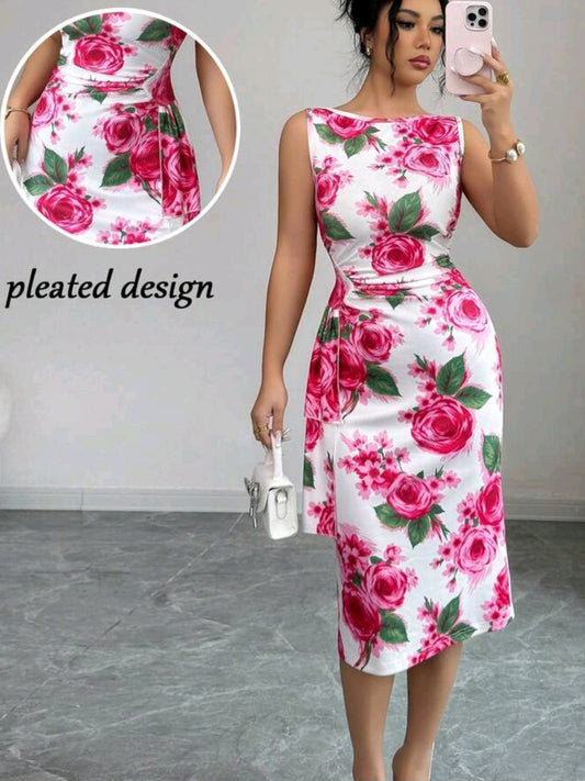 1969 Floral Print Asymmetric Ruffle Hem Sleeveless Dress