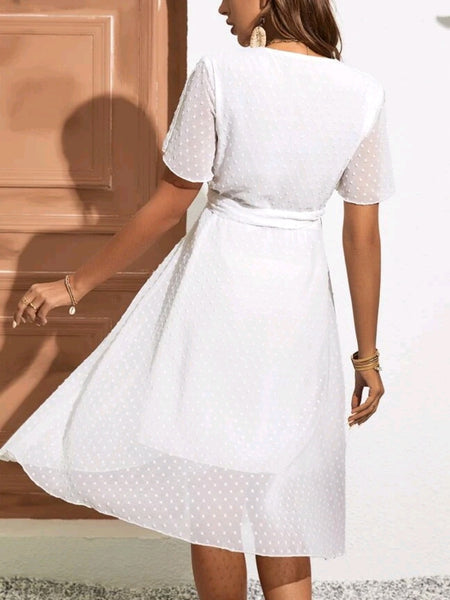 Swiss Dot Belted Wrap Hem Dress
