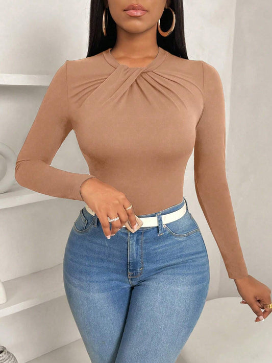 9550 Bowknot Collar Slim Fitted Top