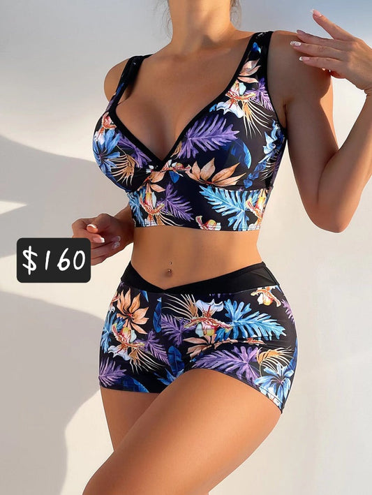 #5501 Tropical Print Tankini Set Wrap Tank Top & V-Waist Shorts 2 Piece Bathing Suit