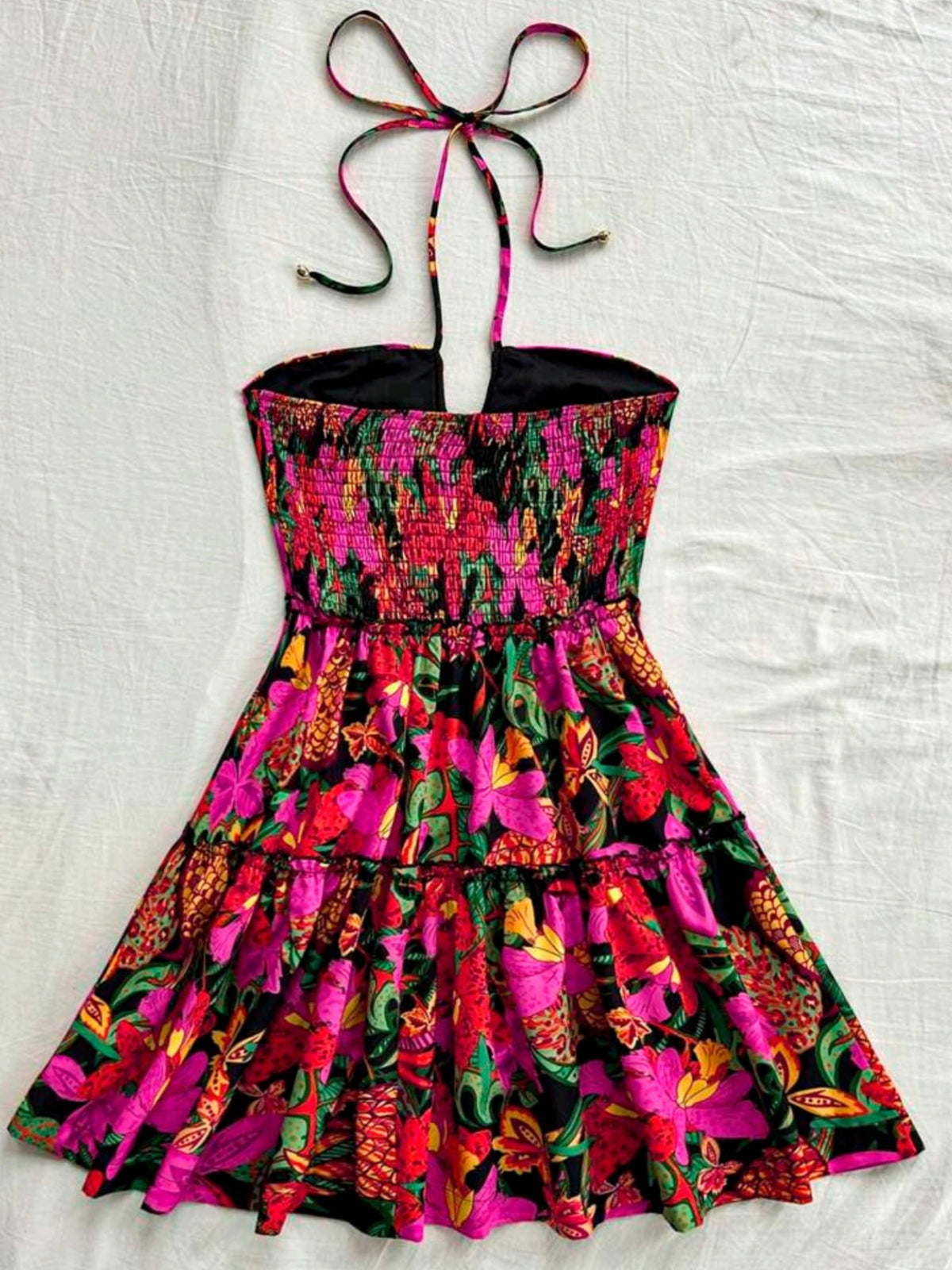 8132  Cut Out Tie Neck Ruffle Hem Dress