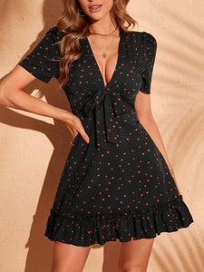Heart Print Knot Front Ruffle Hem Dress