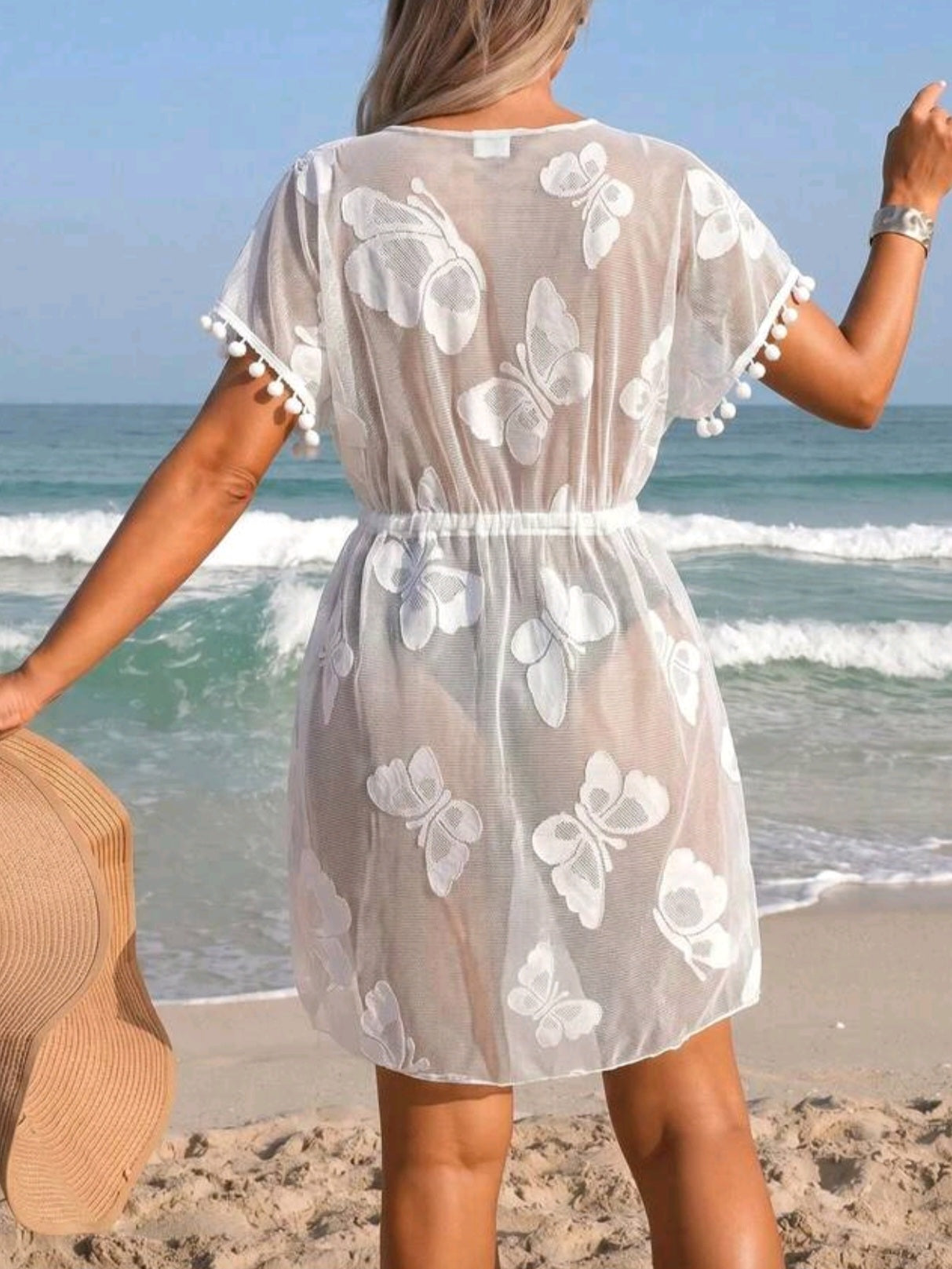 1429 V-Neck Butterfly Pattern Semi-Sheer Coverup (ONLY)