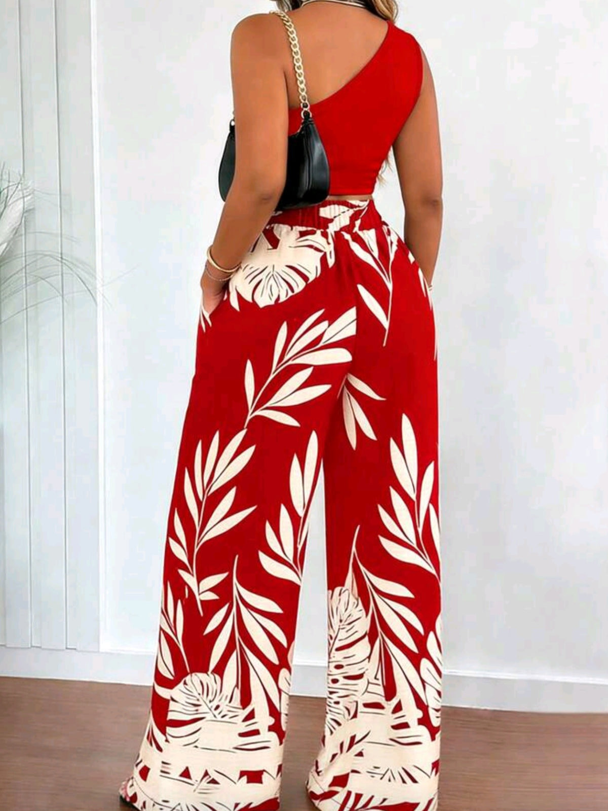 5454 2pcs Fitted Tie-Belt Printed One-Shoulder Top And Straight-Leg Pants Set