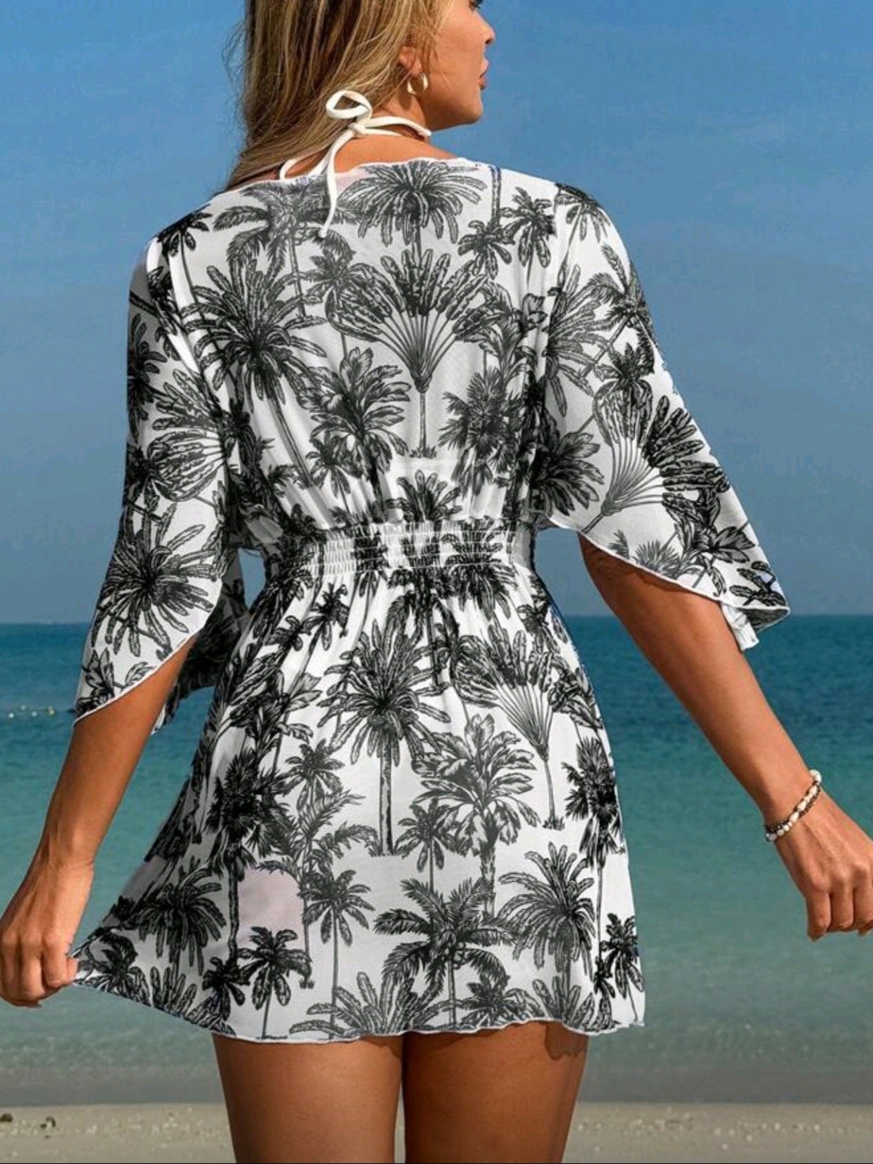 7773 Mesh Print Elastic Waist Mid-Length Deep V-Neck Casual Cover Up