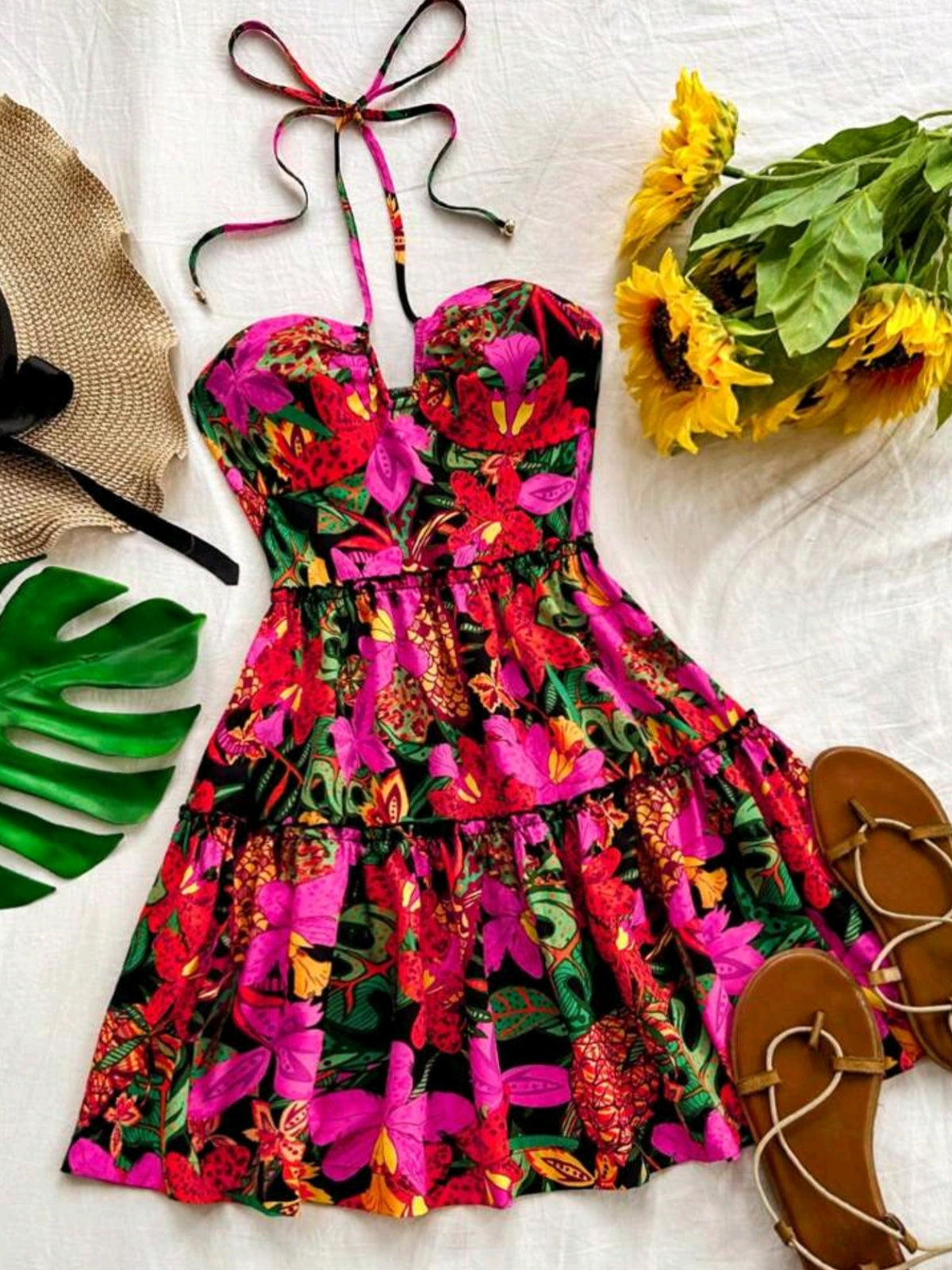 8132  Cut Out Tie Neck Ruffle Hem Dress