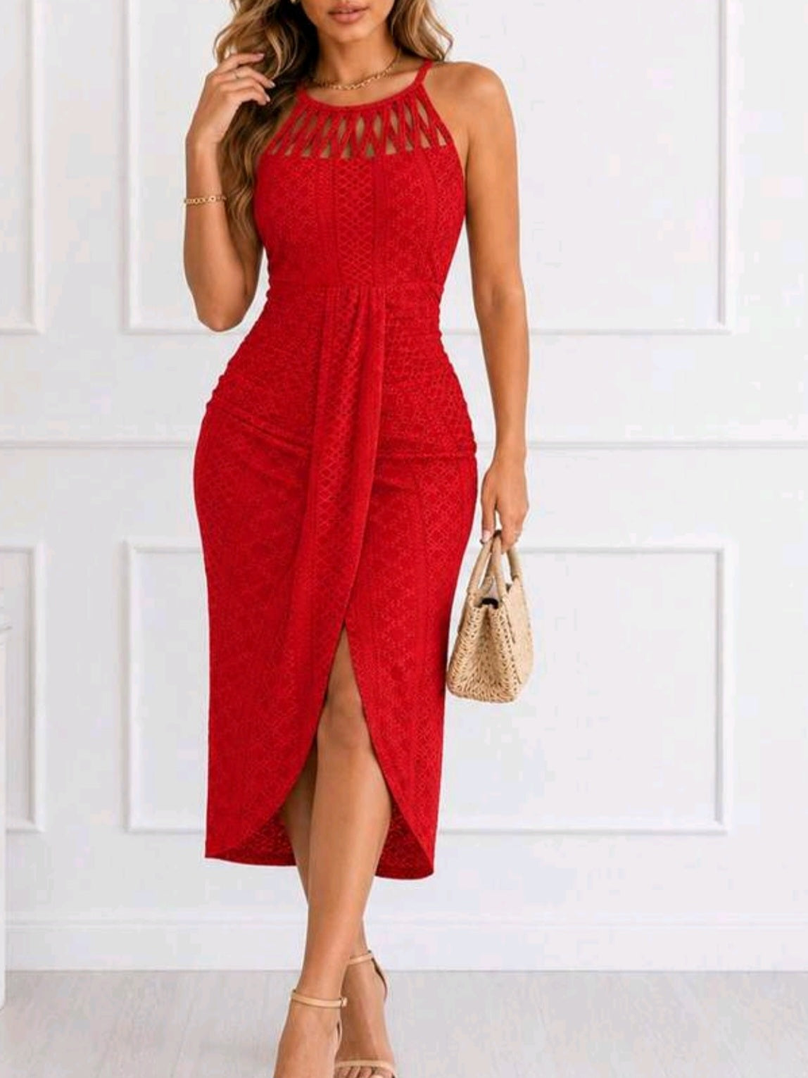 3173 Knitted Jacquard Texture Design Pleated Hollow Slit Dress
