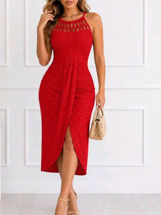 3173 Knitted Jacquard Texture Design Pleated Hollow Slit Dress