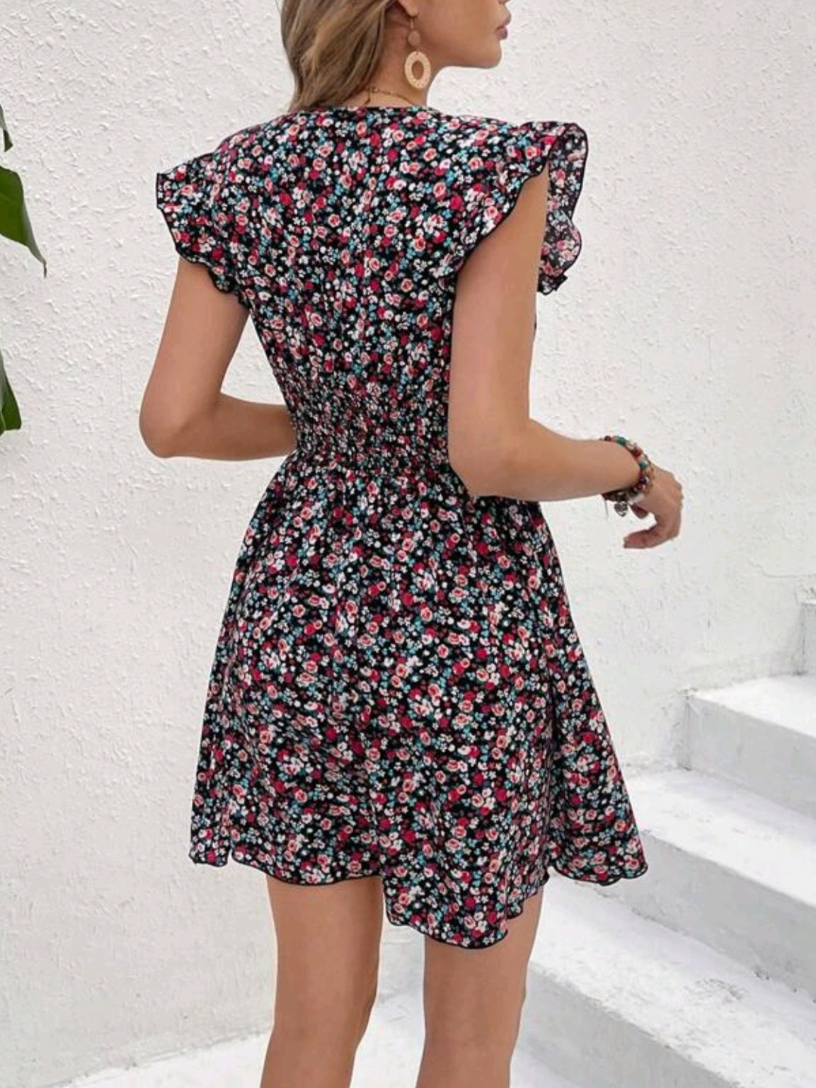 1474  V-Neck Sleeveless Ruffle Trim Dress