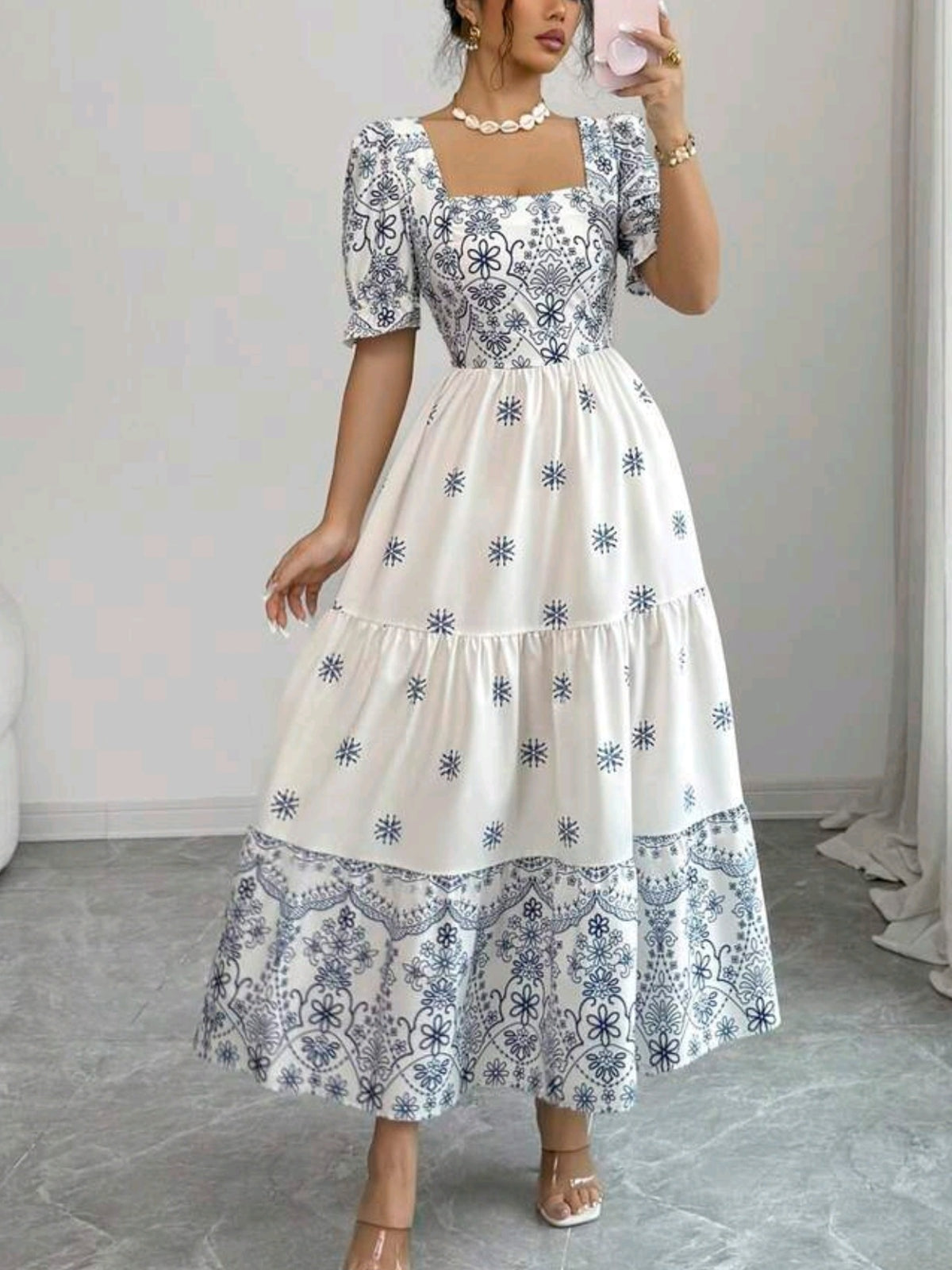 5565 Neck Waist Gathered A-Line Dress