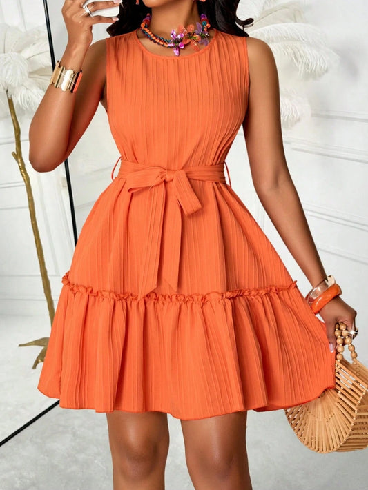 5722  Solid Color Ruffle Hem Sleeveless Dress