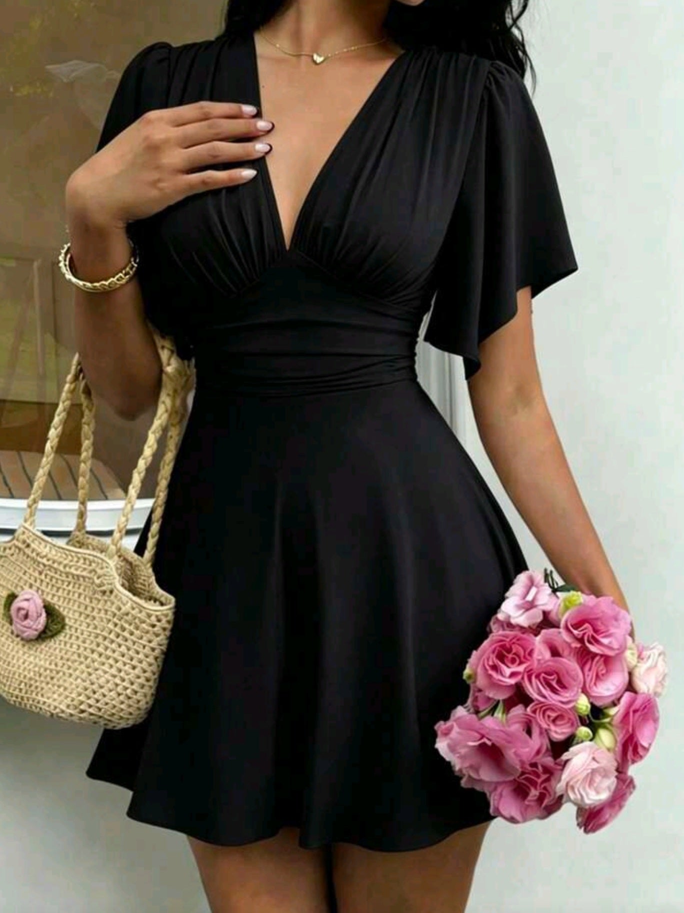 3050 V-Neck Ruched Bust Ruffle Sleeve Cinched Waist Dress
