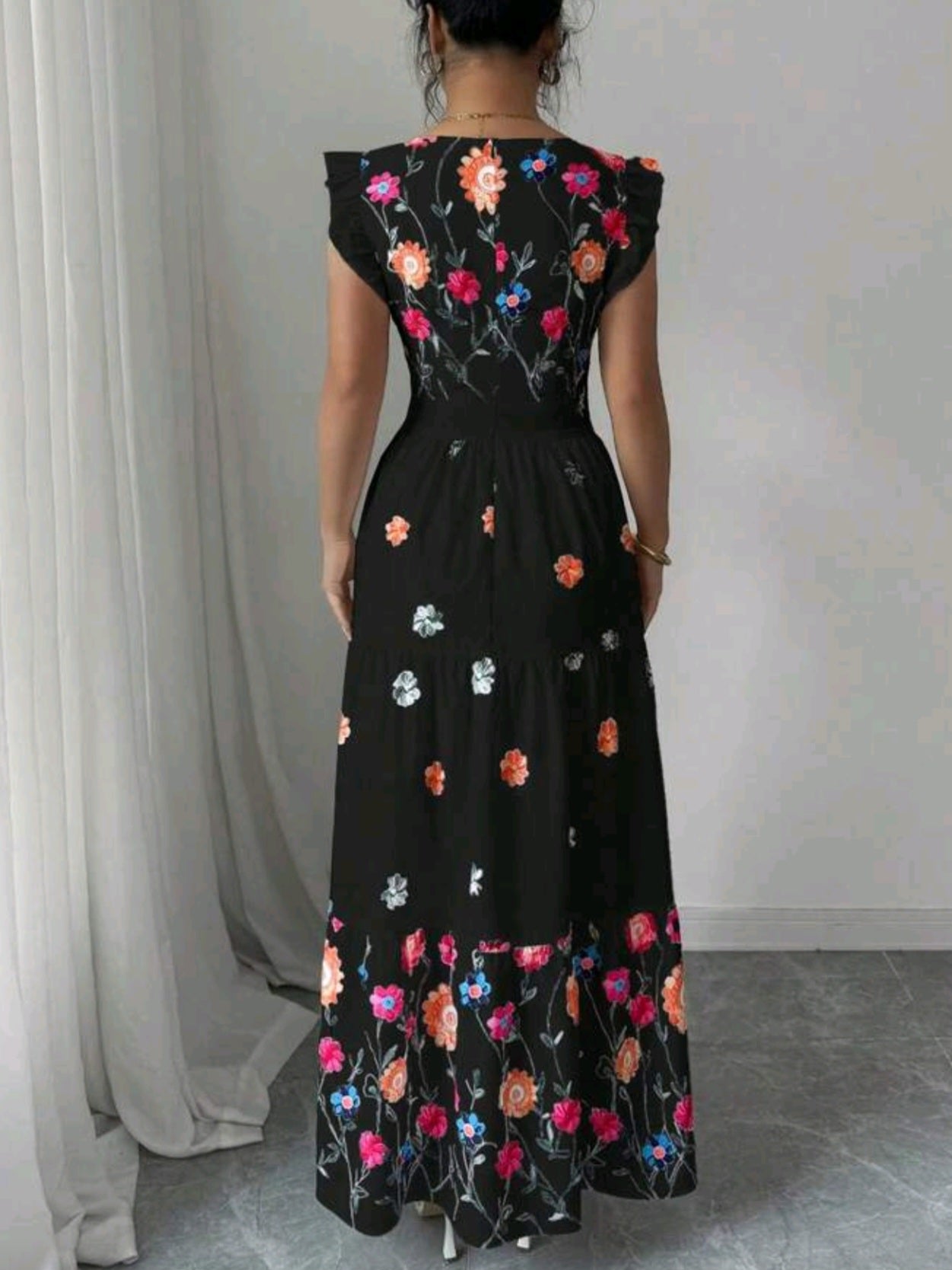 0499 Cinched Waist Square Neck Cap Sleeve Dress