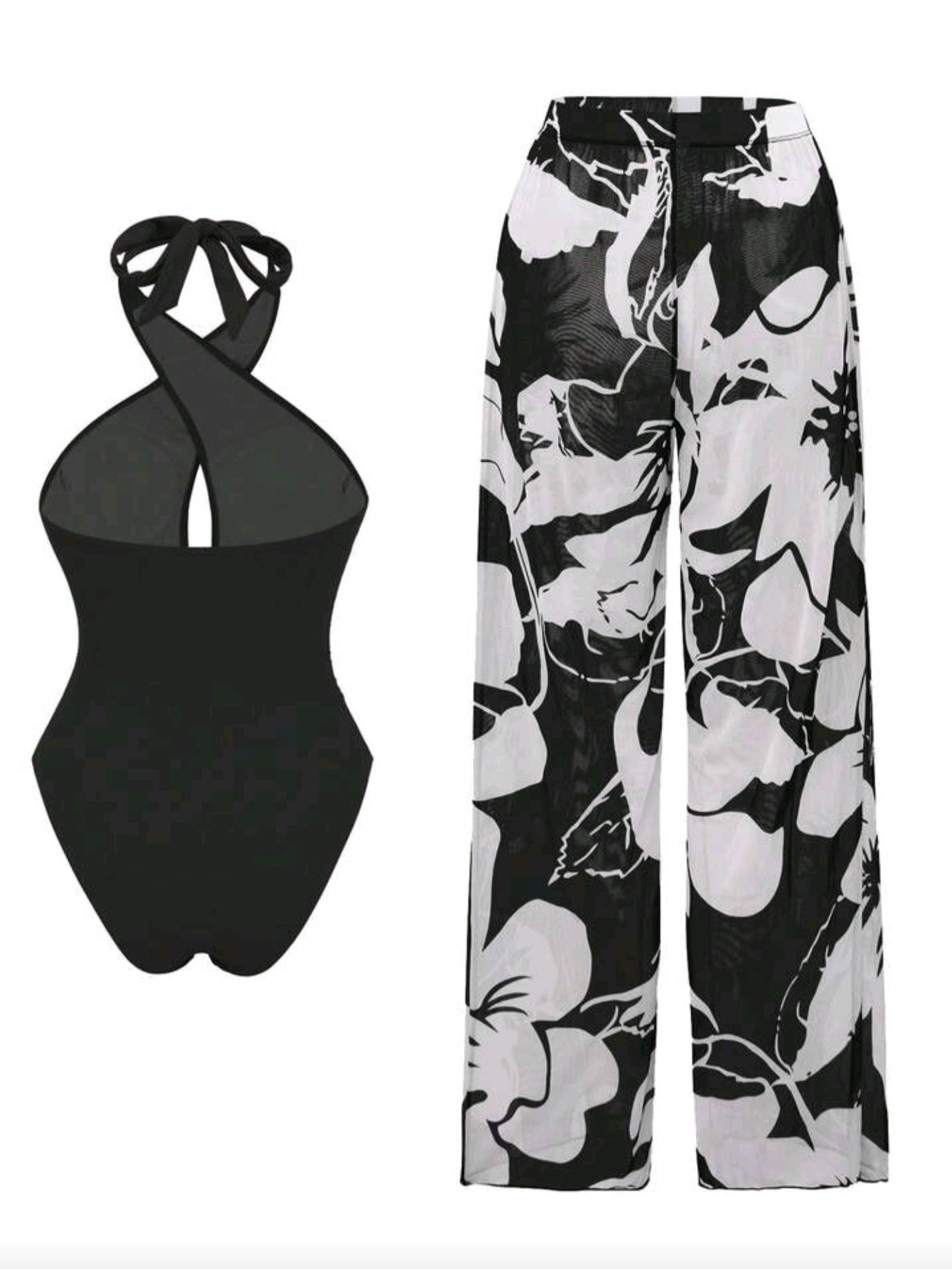 8821 Hollow Cross Halter One-Piece Swimsuit With Printed Cover-Up Skirt