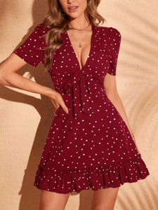 Heart Print Knot Front Ruffle Hem Dress