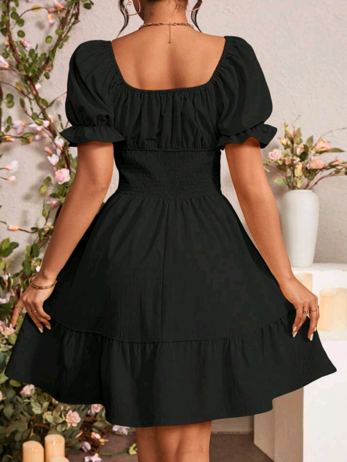 9011 Puff Sleeve Fitted Waist Dress