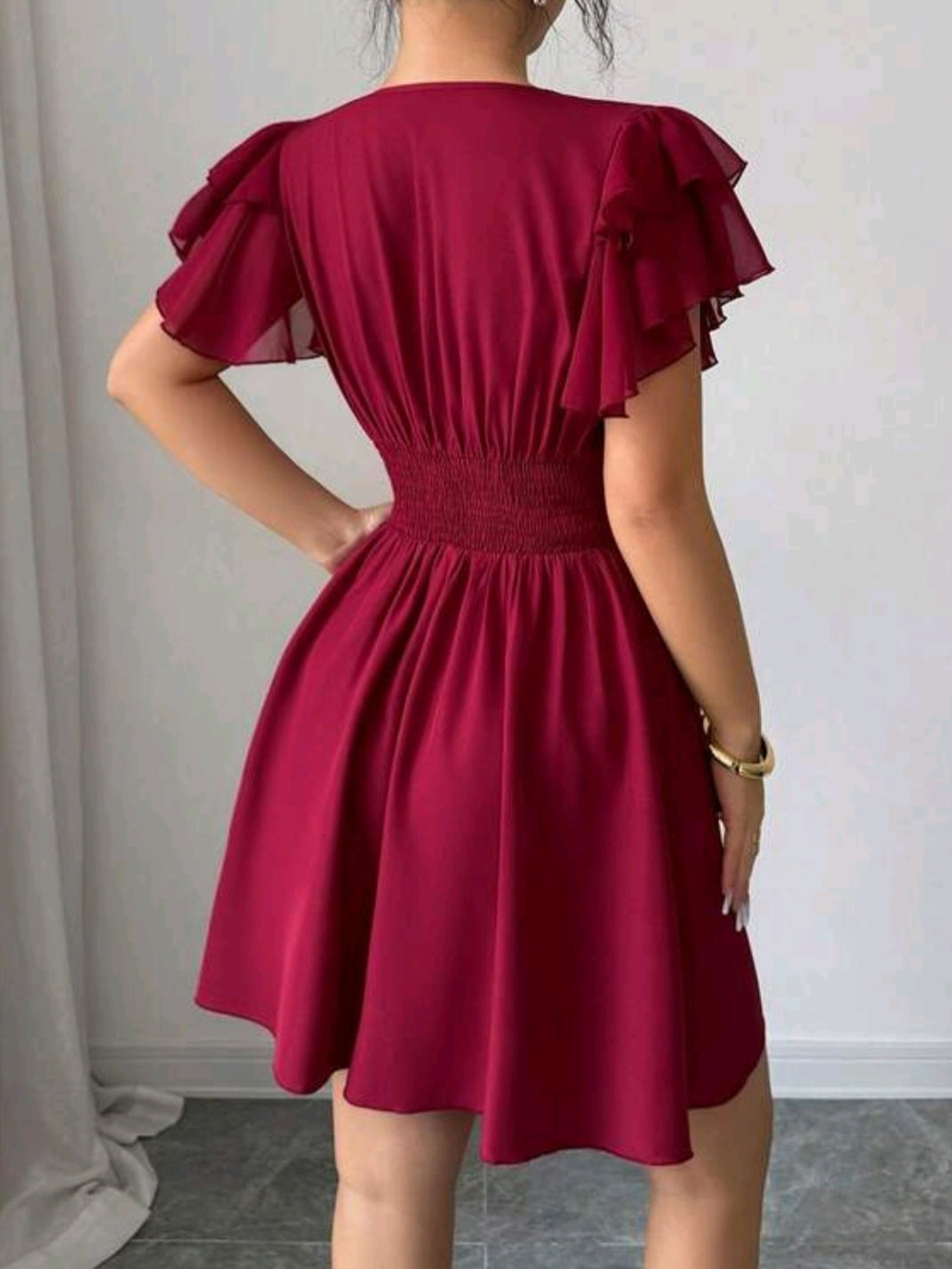 1424 Waist Drawstring Chiffon Ruffle Sleeve Dress