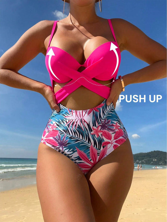 0000 Tropical Print Cut Out Twist Push Up One Piece Swimsuit