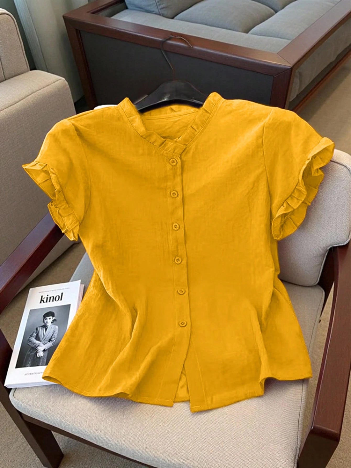 6845 Frill Trim Front Button Shirt
