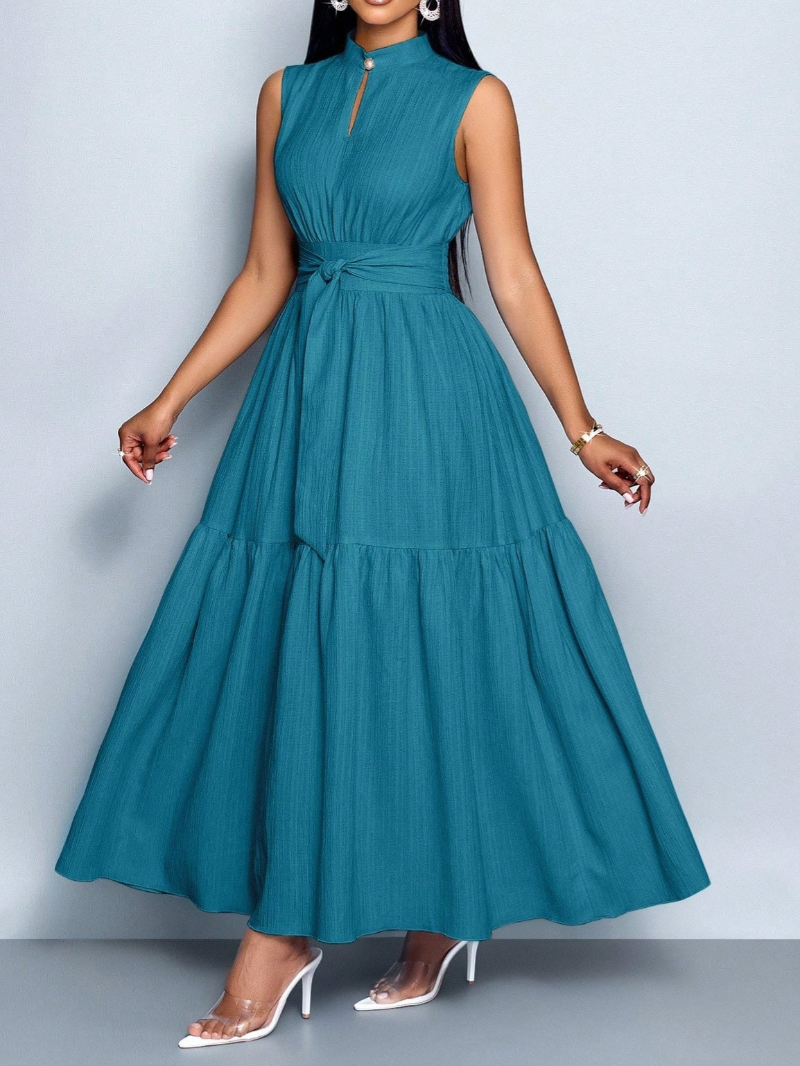 7151 Color Stand Collar Front Cut Out Sleeveless Cinched Waist Tie Knot Dress