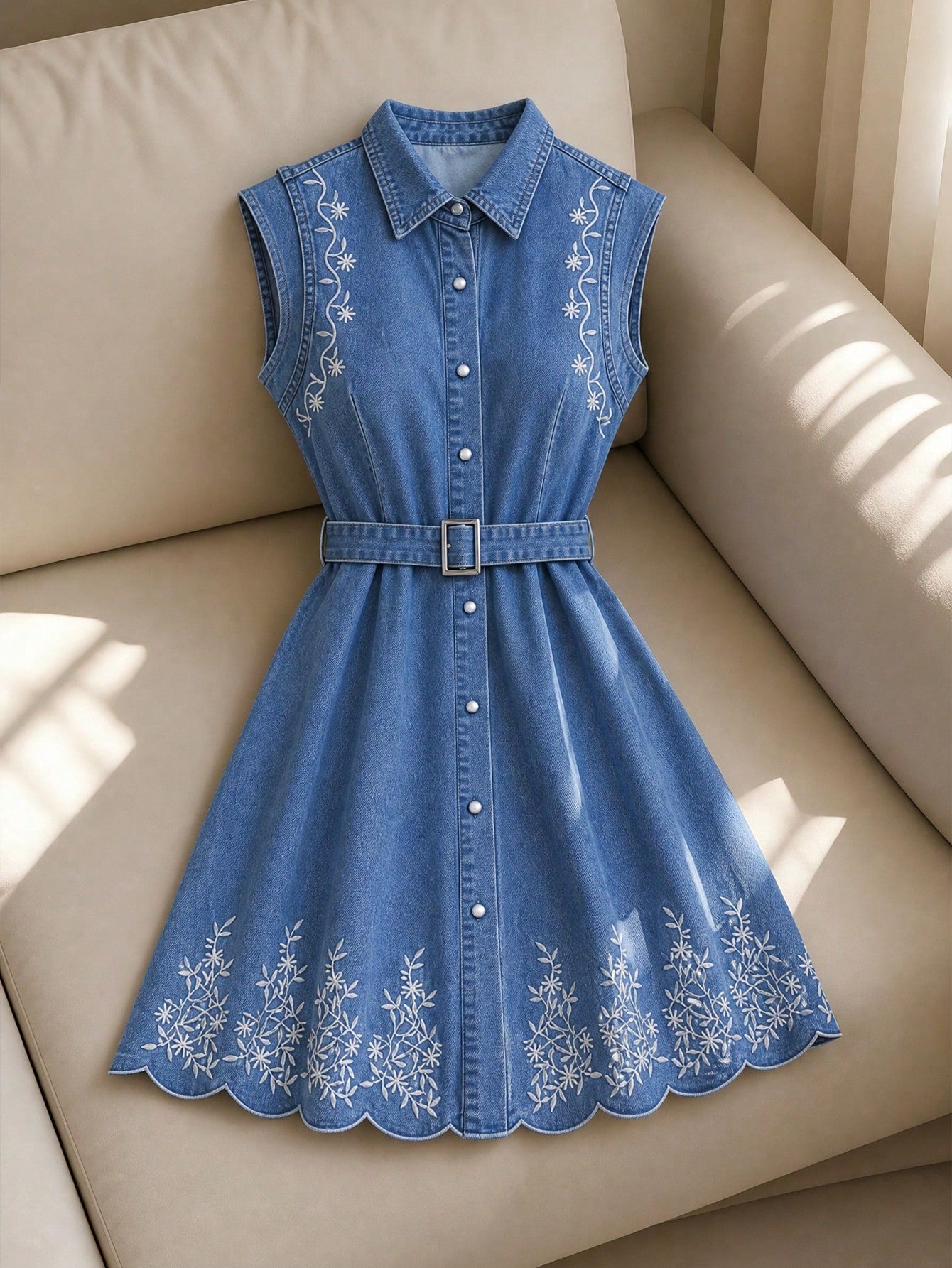 7474 Embroidered Pleated Denim Dress