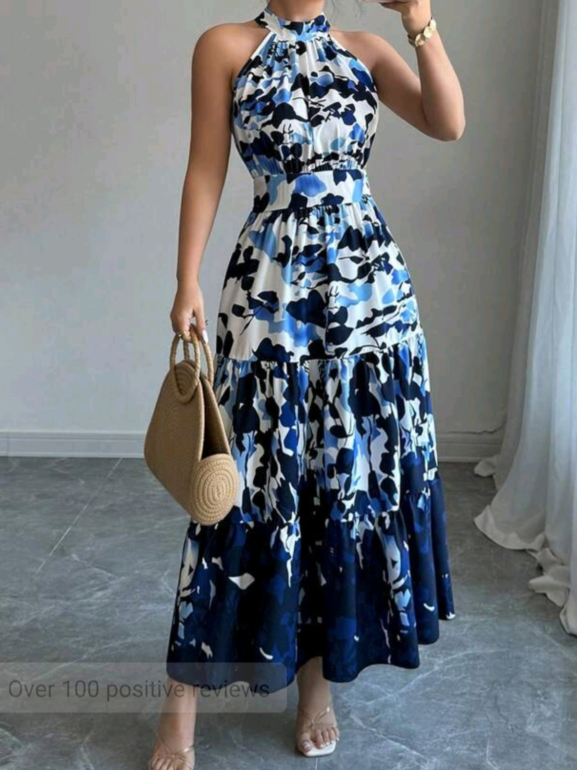 0727 Floral Print Waist Flare Sleeveless Dress