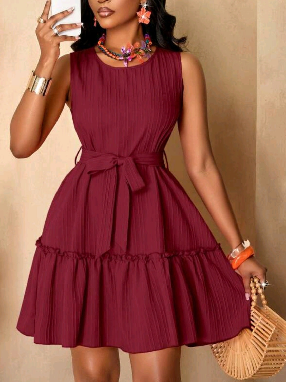 5757 Solid Color Ruffle Hem Sleeveless Dress