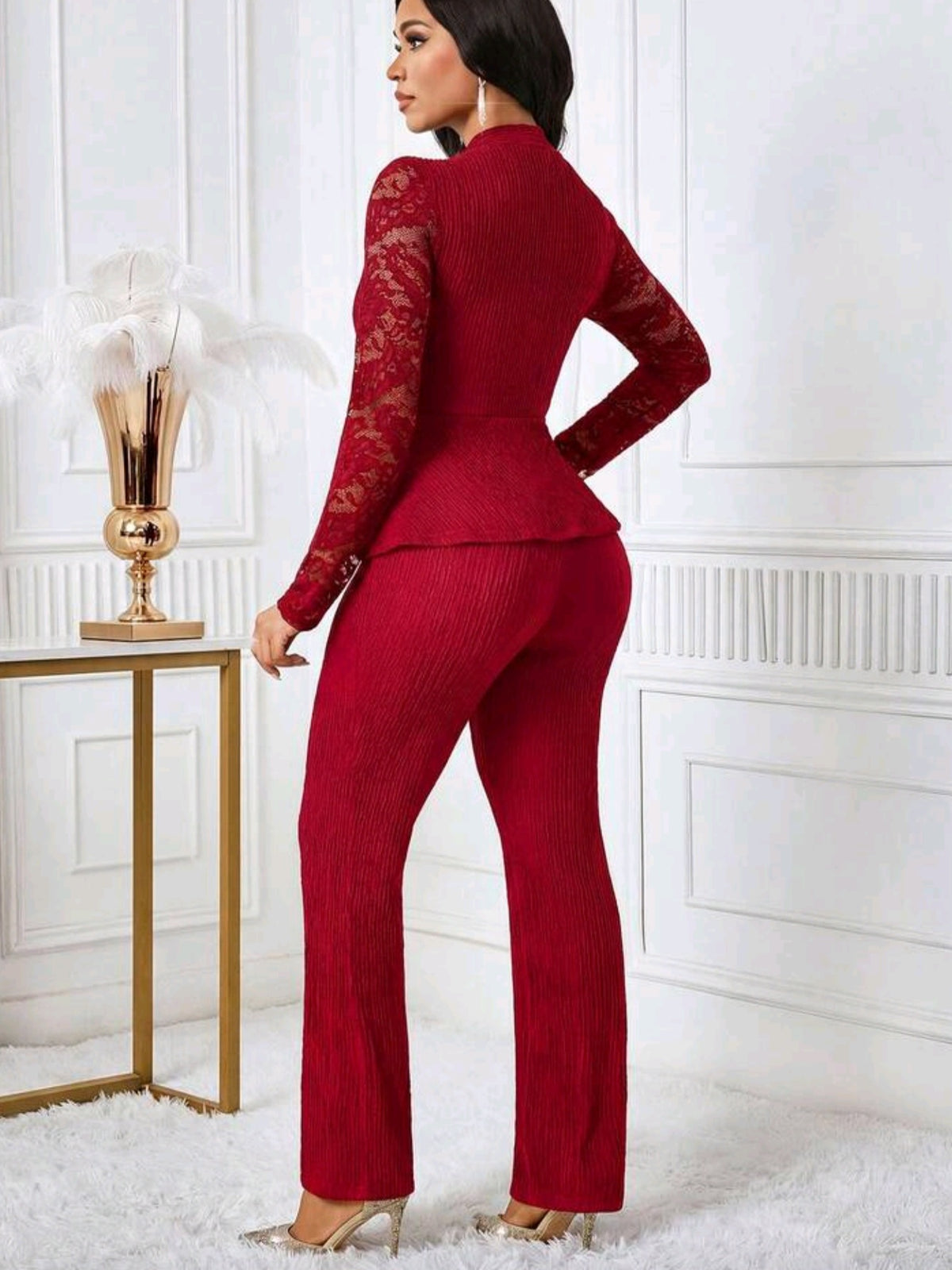 4976 2 piece Lace Long Sleeve Top And Flared Pants