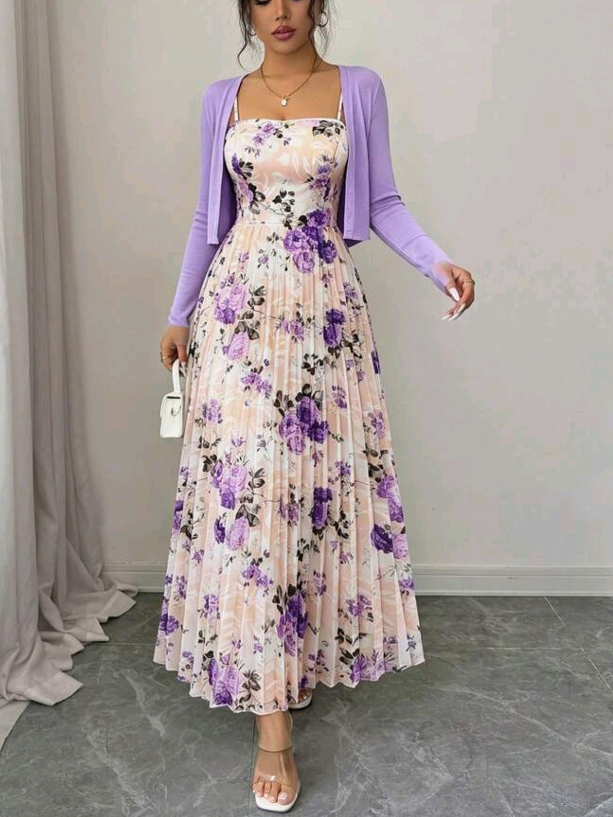 1925 2 piece set Floral Print Cinched Waist Dress With Knit Cardigan Set