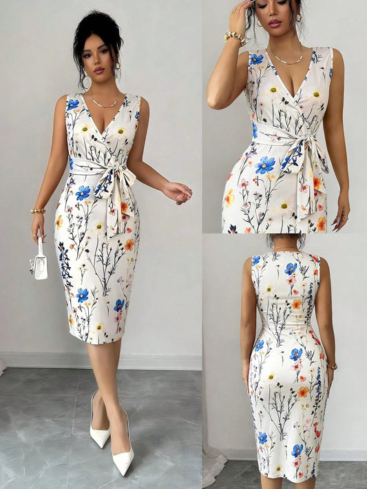 5348 Floral Print Wrap Ruffle Bow Tie Waist Dress