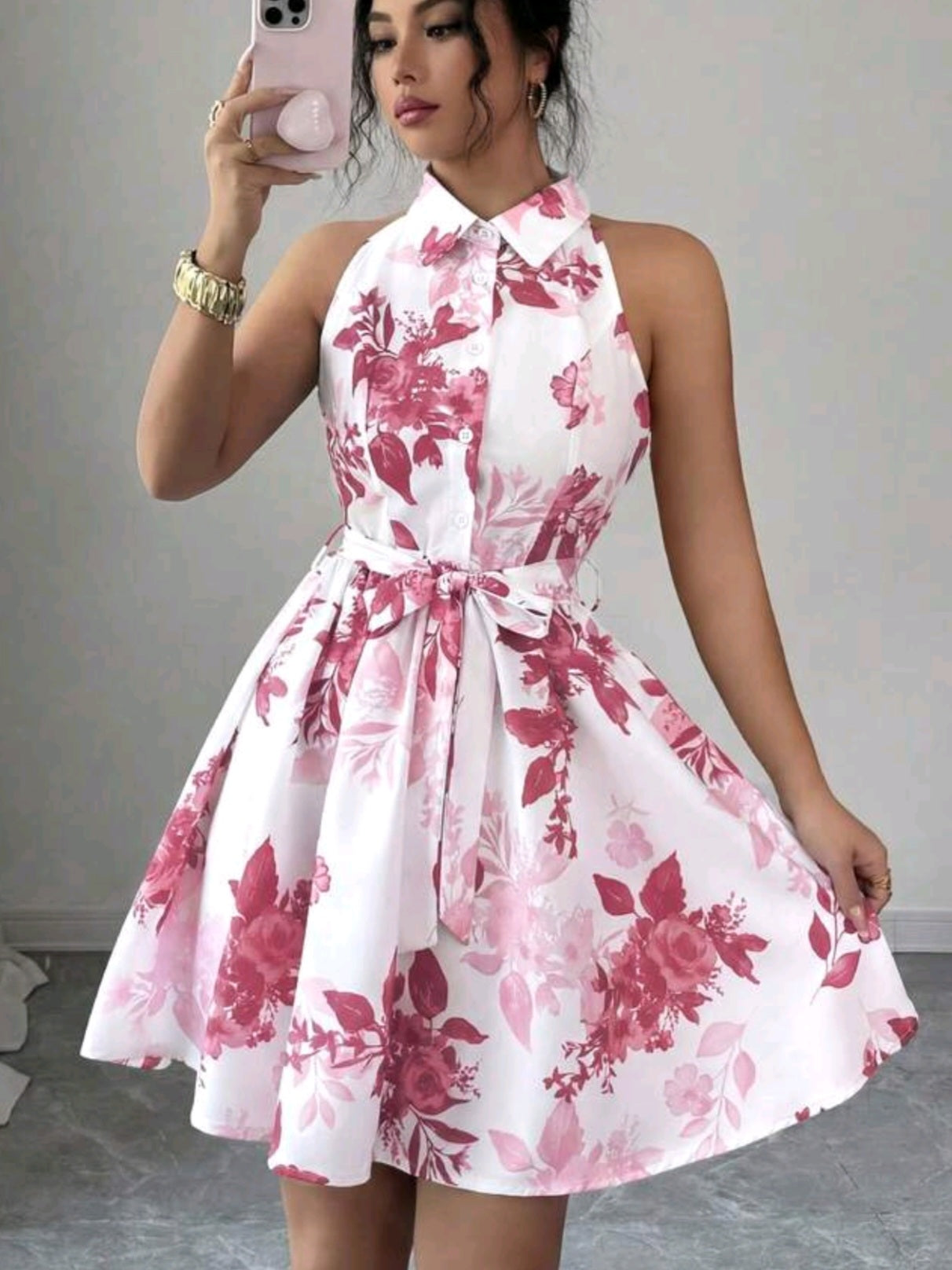 9286 Sleeveless Printed Waist Fit And Flare Dress