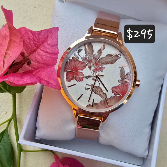 NW/2044RGPK Nine West Floral Dial Strap - Rose Gold and Pink Watch